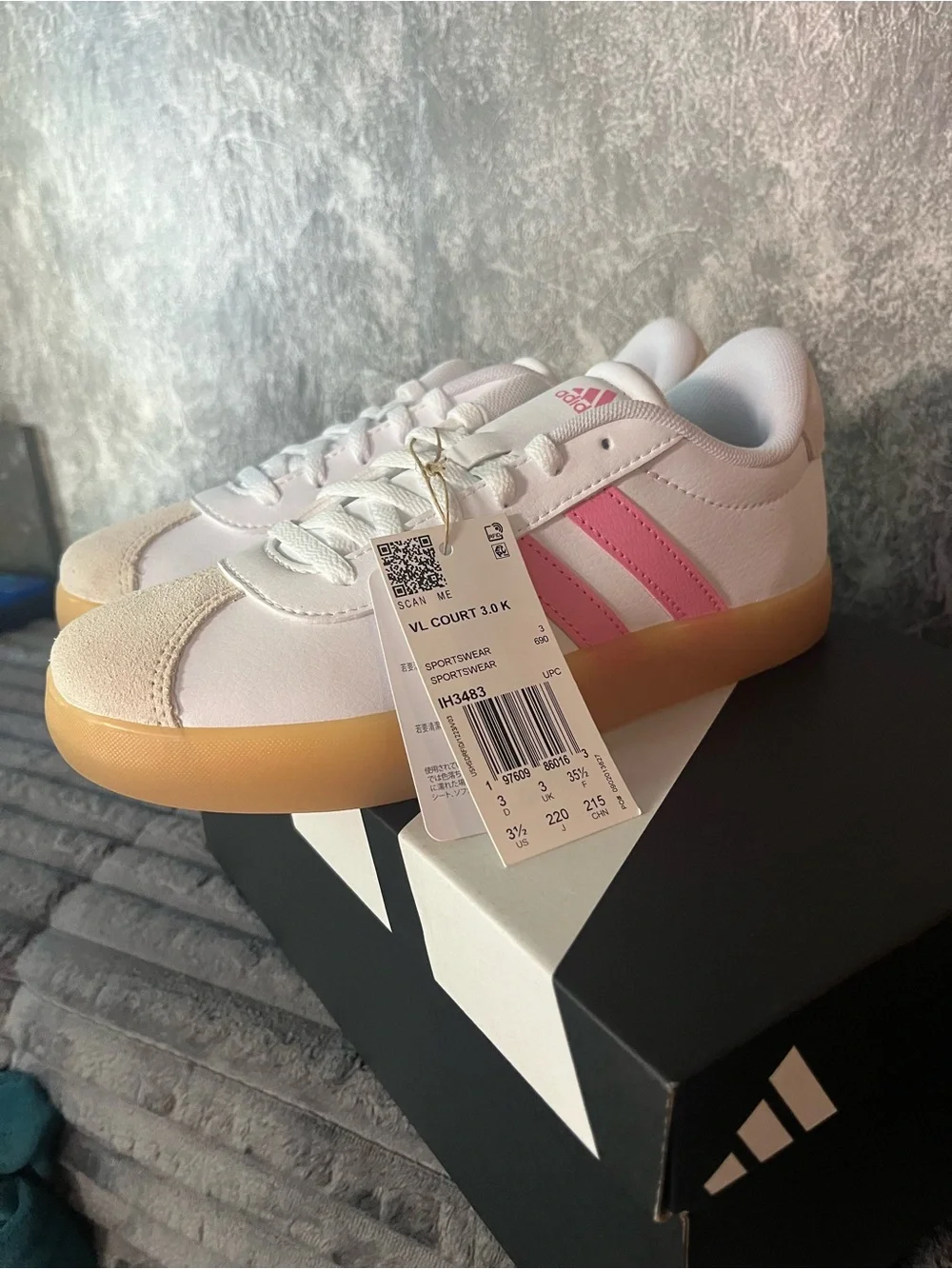 adidas Kids White & Pink VL Court 3.0 Sneakers with Gum Sole new in box